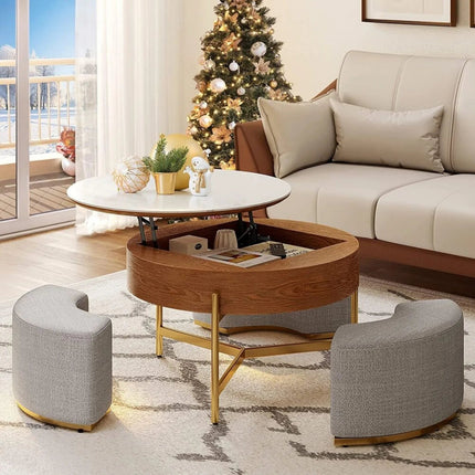 Ottoman Seating Liftable Wooden Coffee Table Set