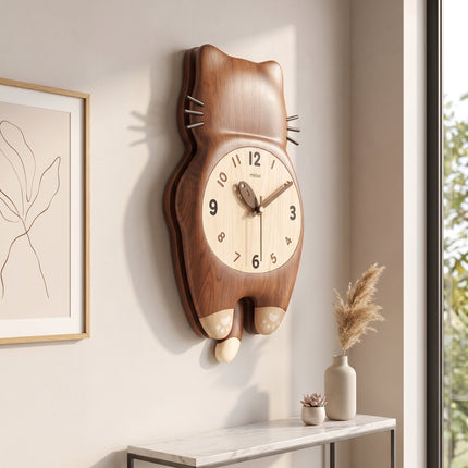 Tail Wagging Cat Shaped Wooden Wall Clock