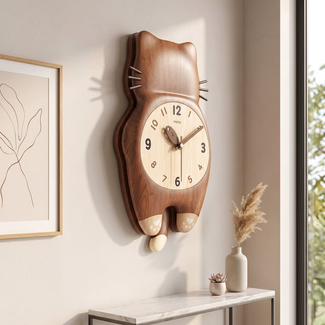 Tail Wagging Cat Shaped Wooden Wall Clock