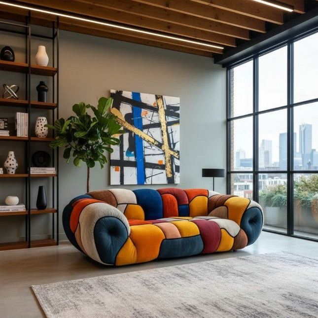 Colorful Mosaic Patchwork Curved Velvet Lounge Sofa