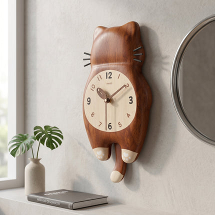 Tail Wagging Cat Shaped Wooden Wall Clock