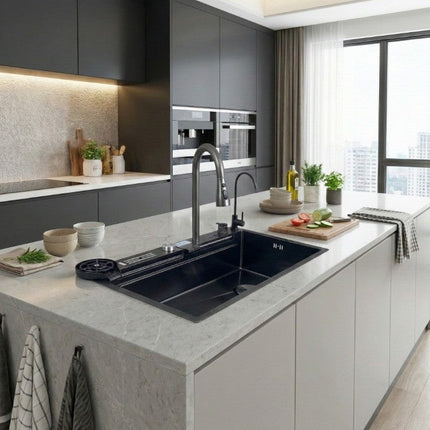 Black Sculpted Arc Workstation Modern Kitchen Sink