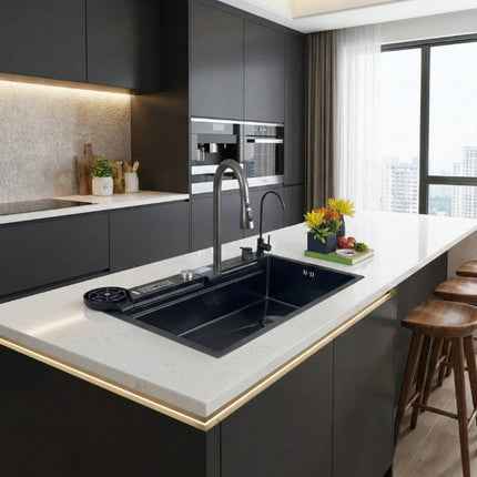 Black Sculpted Arc Workstation Modern Kitchen Sink