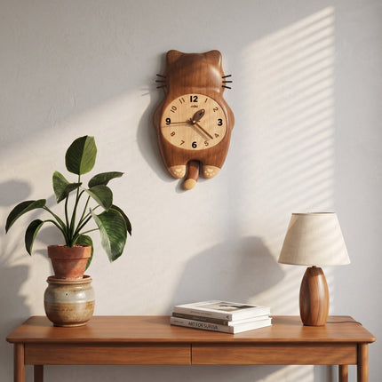 Tail Wagging Cat Shaped Wooden Wall Clock