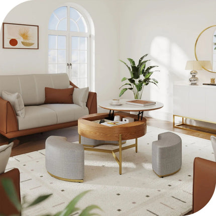 Ottoman Seating Liftable Wooden Coffee Table Set
