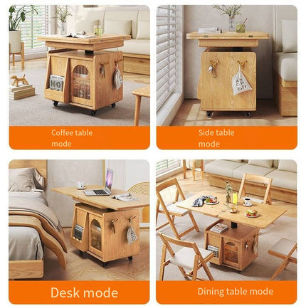 Japandi Natural Wood Liftable Wheeled Accent Table