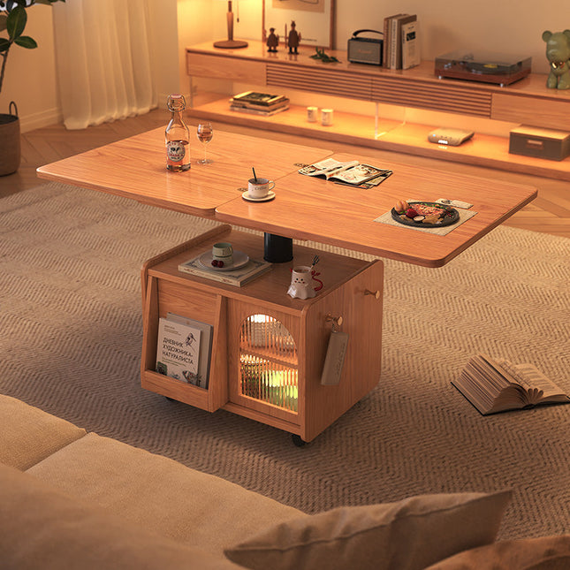 Japandi Natural Wood Liftable Wheeled Accent Table