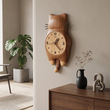 Tail Wagging Cat Shaped Wooden Wall Clock