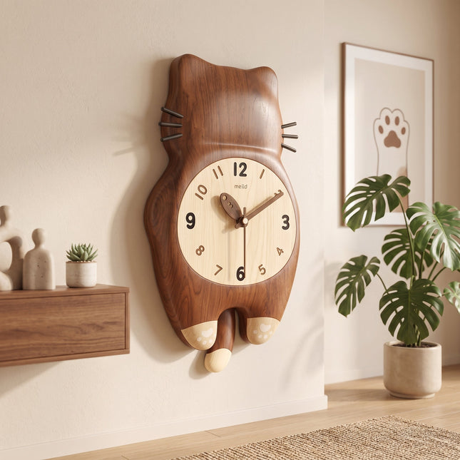Tail Wagging Cat Shaped Wooden Wall Clock