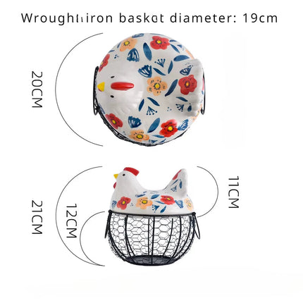 Ceramic Egg Holder Chicken with Wire Basket