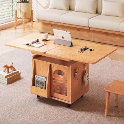 Japandi Natural Wood Liftable Wheeled Accent Table