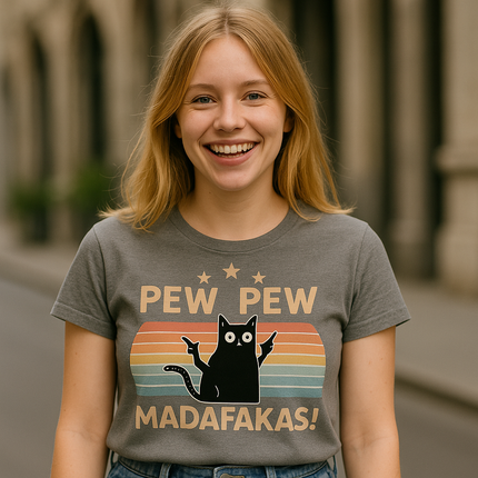 Pew Pew Funny Cat Retro T-Shirt