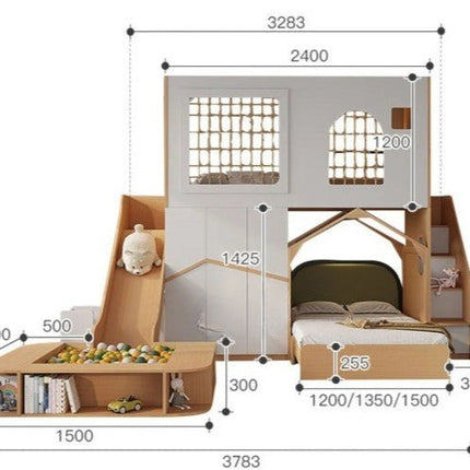 Playtime Loft Dual-Level Wooden Playground Slide Bed Set