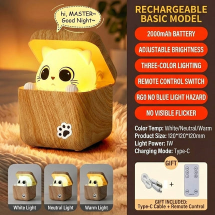 Cute Peekaboo Cat Wooden Night Light Lamp