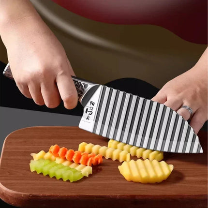 Wooden Handle Ribbed Design Kitchen Knife