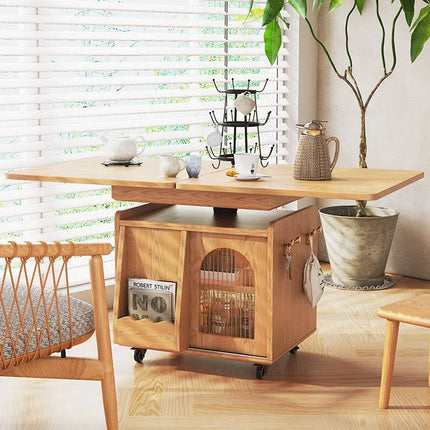 Japandi Natural Wood Liftable Wheeled Accent Table