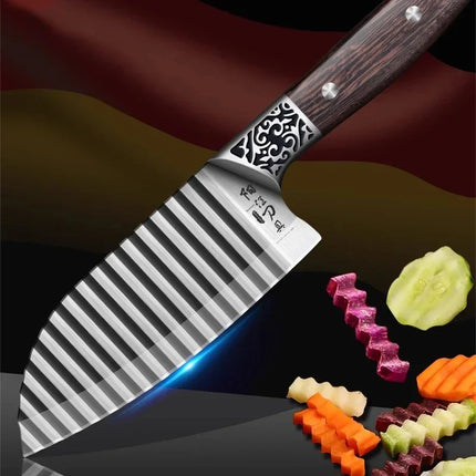 Wooden Handle Ribbed Design Kitchen Knife