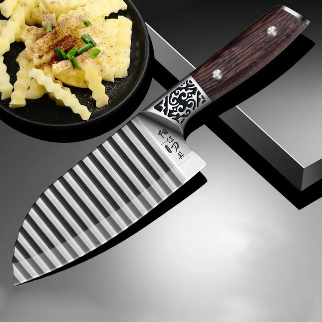 Wooden Handle Ribbed Design Kitchen Knife