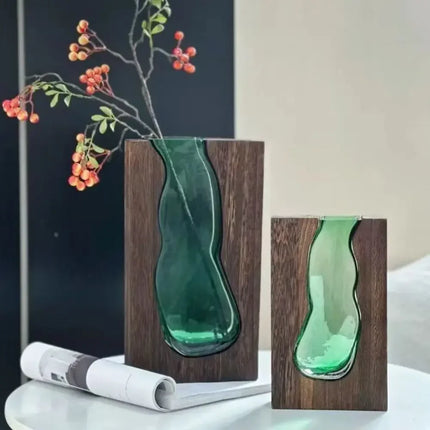 Geometric Wooden Glass Accent Flower Vase