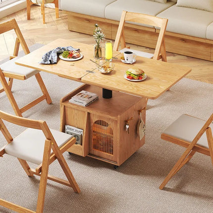 Japandi Natural Wood Liftable Wheeled Accent Table