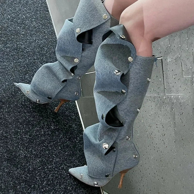 Long Denim Jean Women High Heel Boots