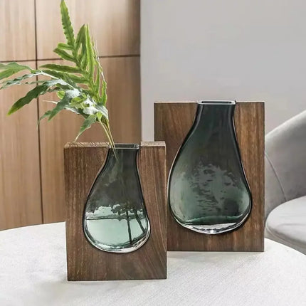 Geometric Wooden Glass Accent Flower Vase