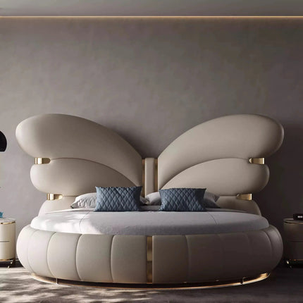 Elegant Butterfly Wing Headboard Leather Round Bed
