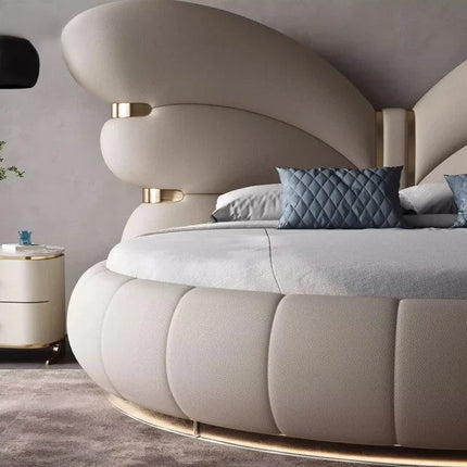 Elegant Butterfly Wing Headboard Leather Round Bed