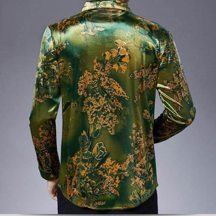 Stretch Velvet Flower Long Sleeve Men Shirt
