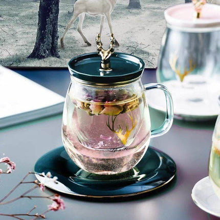 Double Wall Glass Cup With Deer Shape Ceramic Lid