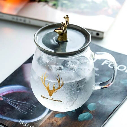Double Wall Glass Cup With Deer Shape Ceramic Lid