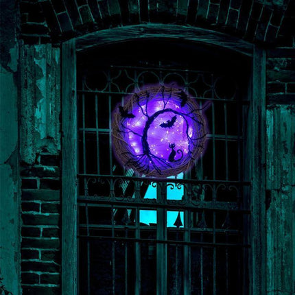 Black Bat Cat Halloween Door Wreath Led Light