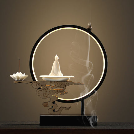 Lotus Buddha Ceramic Waterfall Incense Burner Lamp
