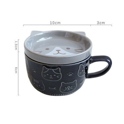 Japanese Ceramic Cat Breakfast Mug with Lid