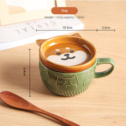 Japanese Ceramic Cat Breakfast Mug with Lid