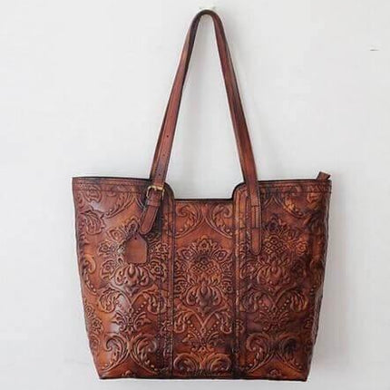 Handmade Vintage Genuine Leather Flower Pattern Women Bag