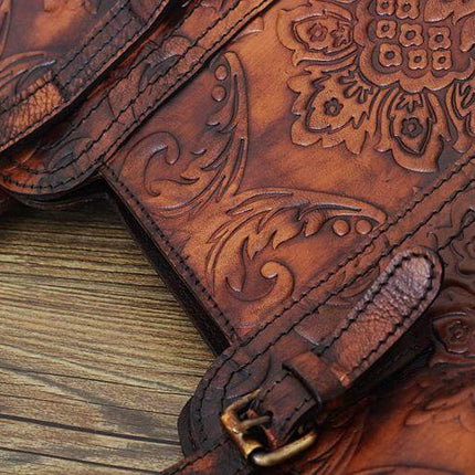 Handmade Vintage Genuine Leather Flower Pattern Women Bag