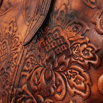 Handmade Vintage Genuine Leather Flower Pattern Women Bag