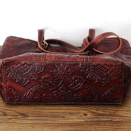 Handmade Vintage Genuine Leather Flower Pattern Women Bag