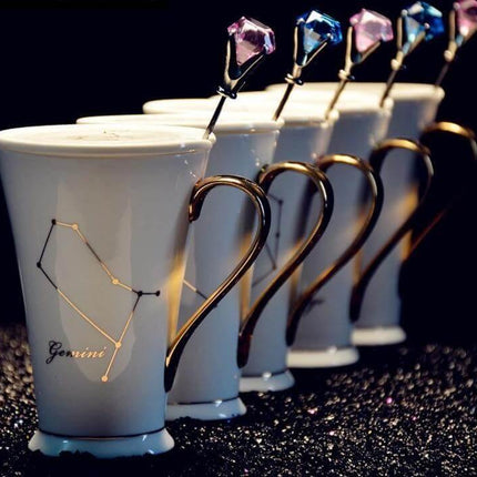 White And Gold Ceramic Coffee mugs with Zodiac Signs