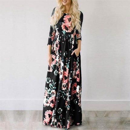 Women Bohemia Short Sleeve O Neck Floral Summer Dress