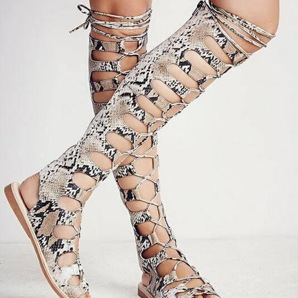 Snake Leather Strappy Cut-out Gladiator Boots